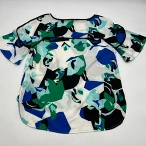 Calvin Klein Womens Blue Green Abstract Geometric Cold Shoulder Blouse Small